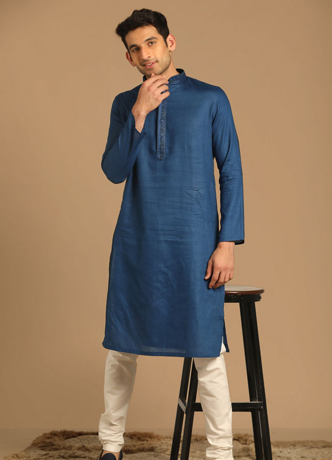 alt message - Manyavar Men Sober Blue Kurta Pajama image number 1