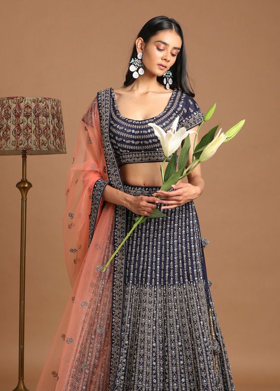 Mohey Women Chiffon Indigo Blue Lehenga