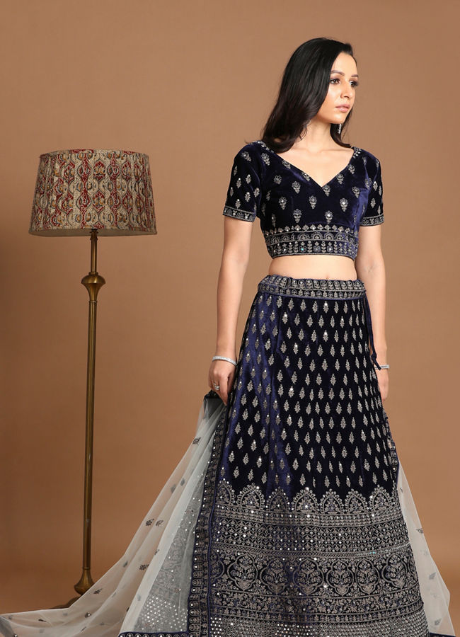 Mohey Women Velvet Indigo Blue Bridal Lehenga