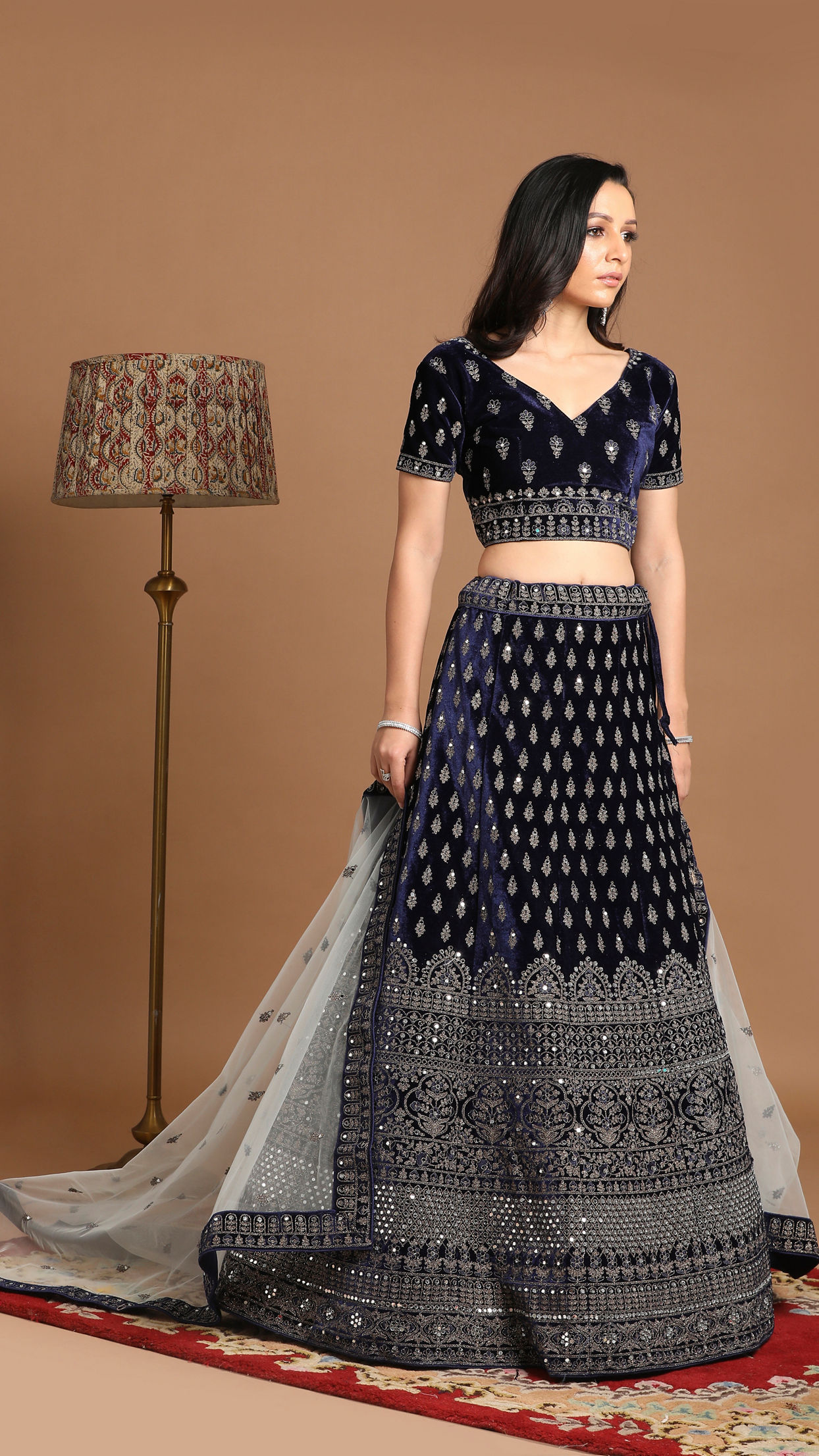 Mohey Women Velvet Indigo Blue Bridal Lehenga