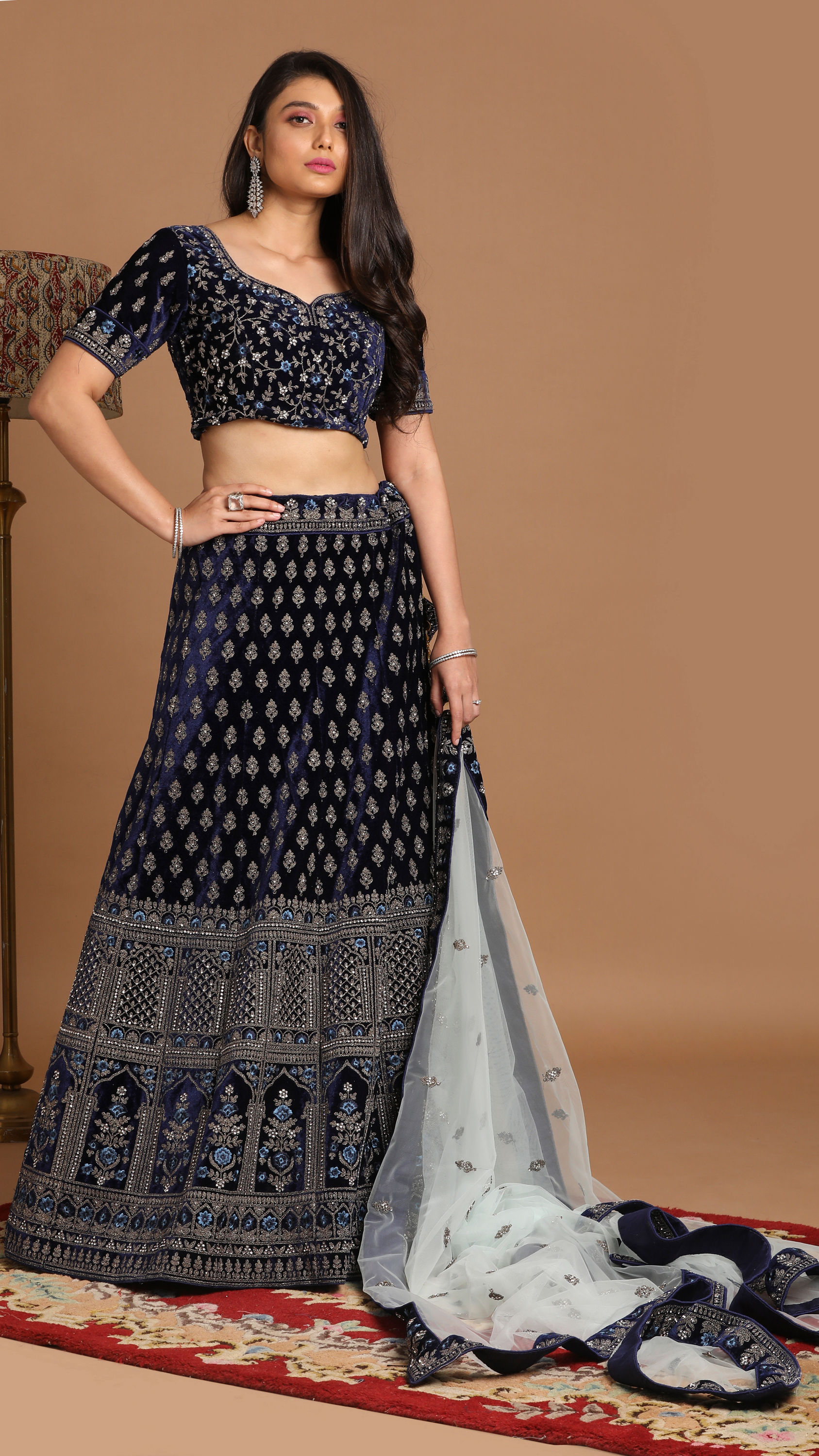 Mohey Women Indigo Blue Velvet Bridal Lehenga