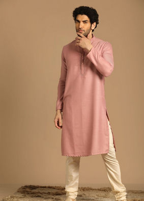 alt message - Manyavar Men Classy Pink Kurta Set image number 1