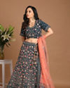 Mohey Women Teal Blue Embroidered Lehenga with Floral Motif
