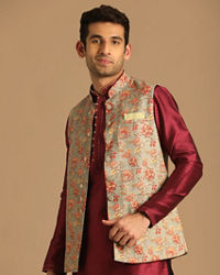 Manyavar Men Grey Jacket With Multicolor Floral Prints