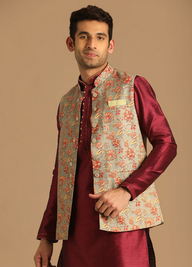 Manyavar Men Grey Jacket With Multicolor Floral Prints