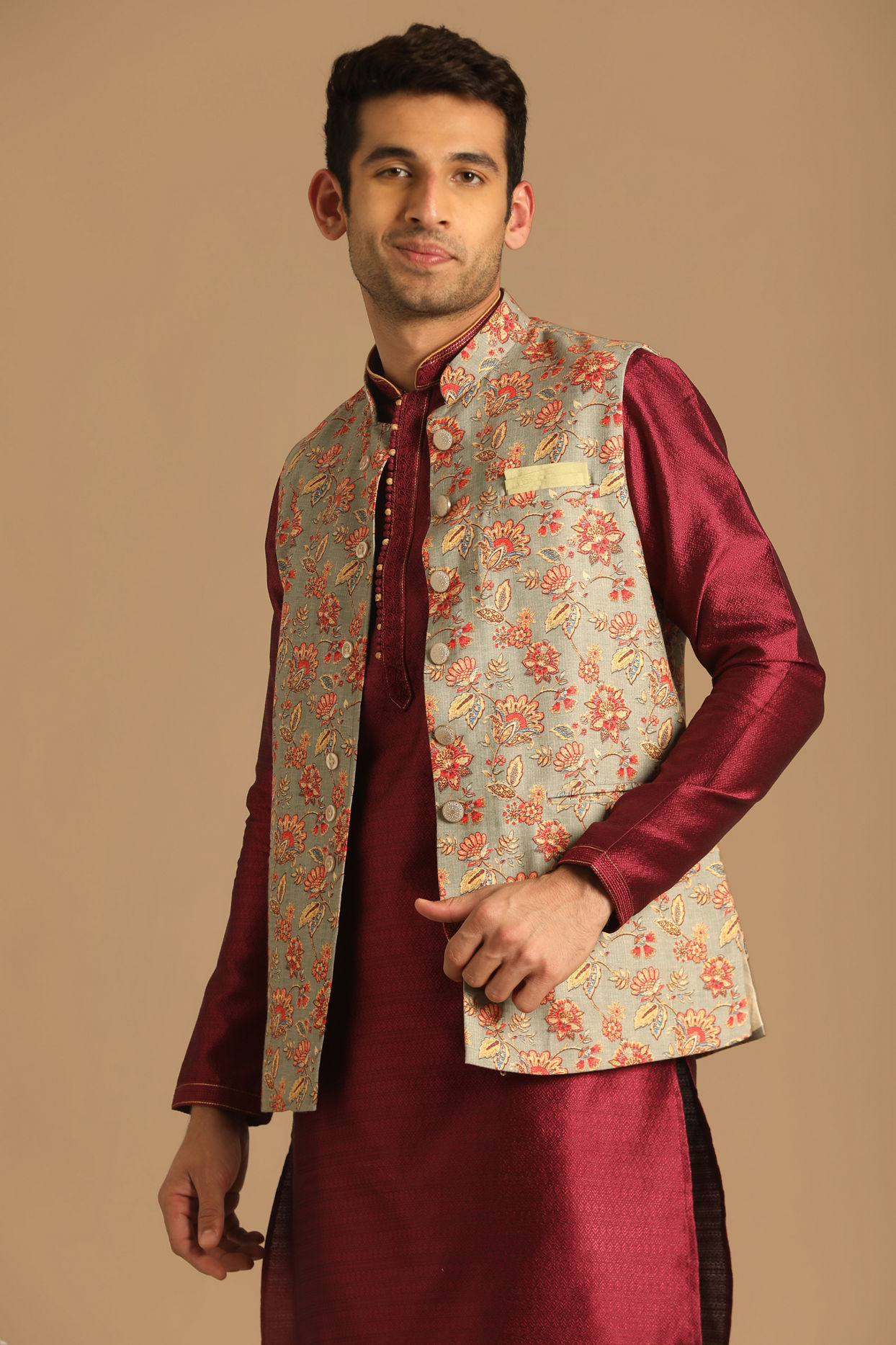 alt message - Manyavar Men Grey Jacket With Multicolor Floral Prints image number 0