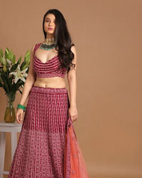 Mohey Women Chiffon Wine Red Lehenga