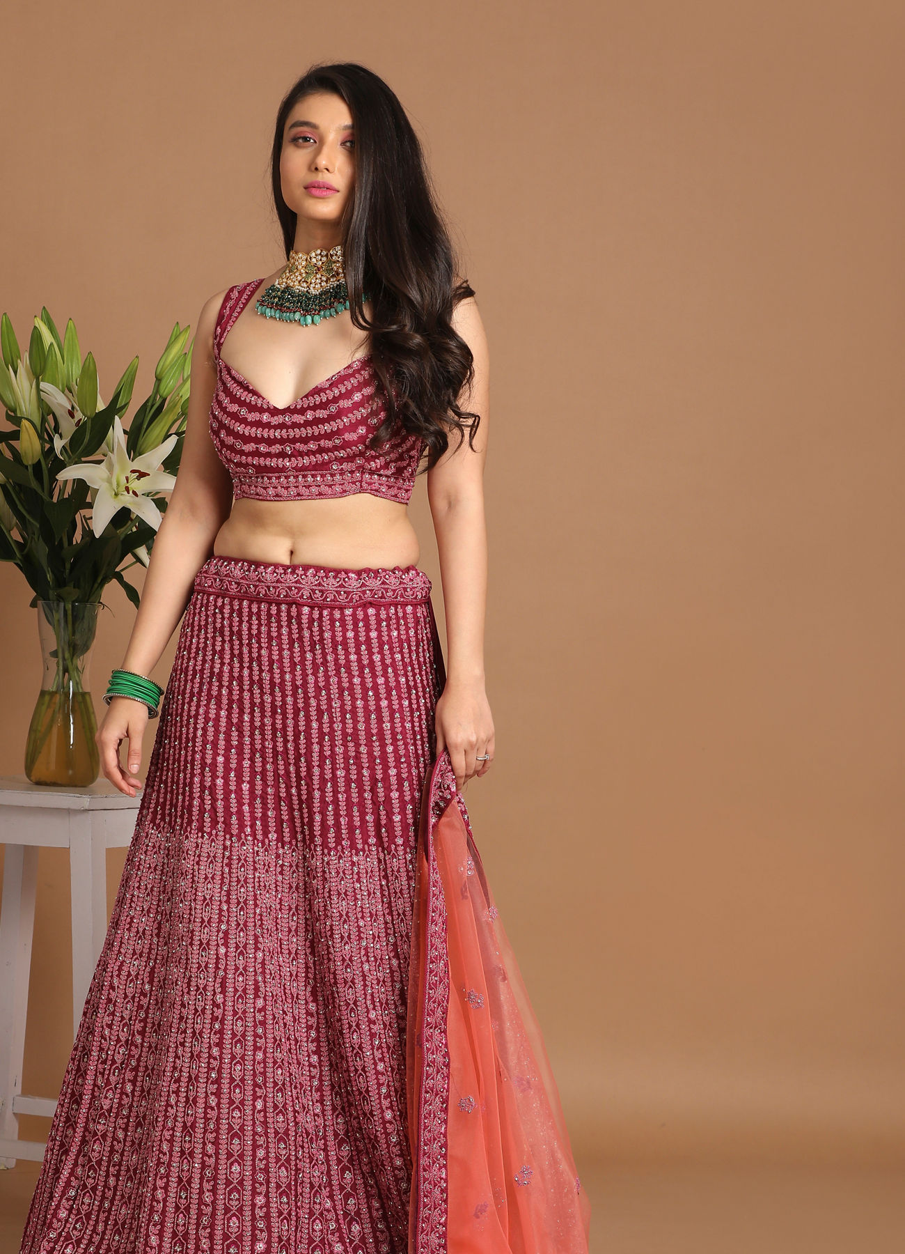 Mohey Women Chiffon Wine Red Lehenga