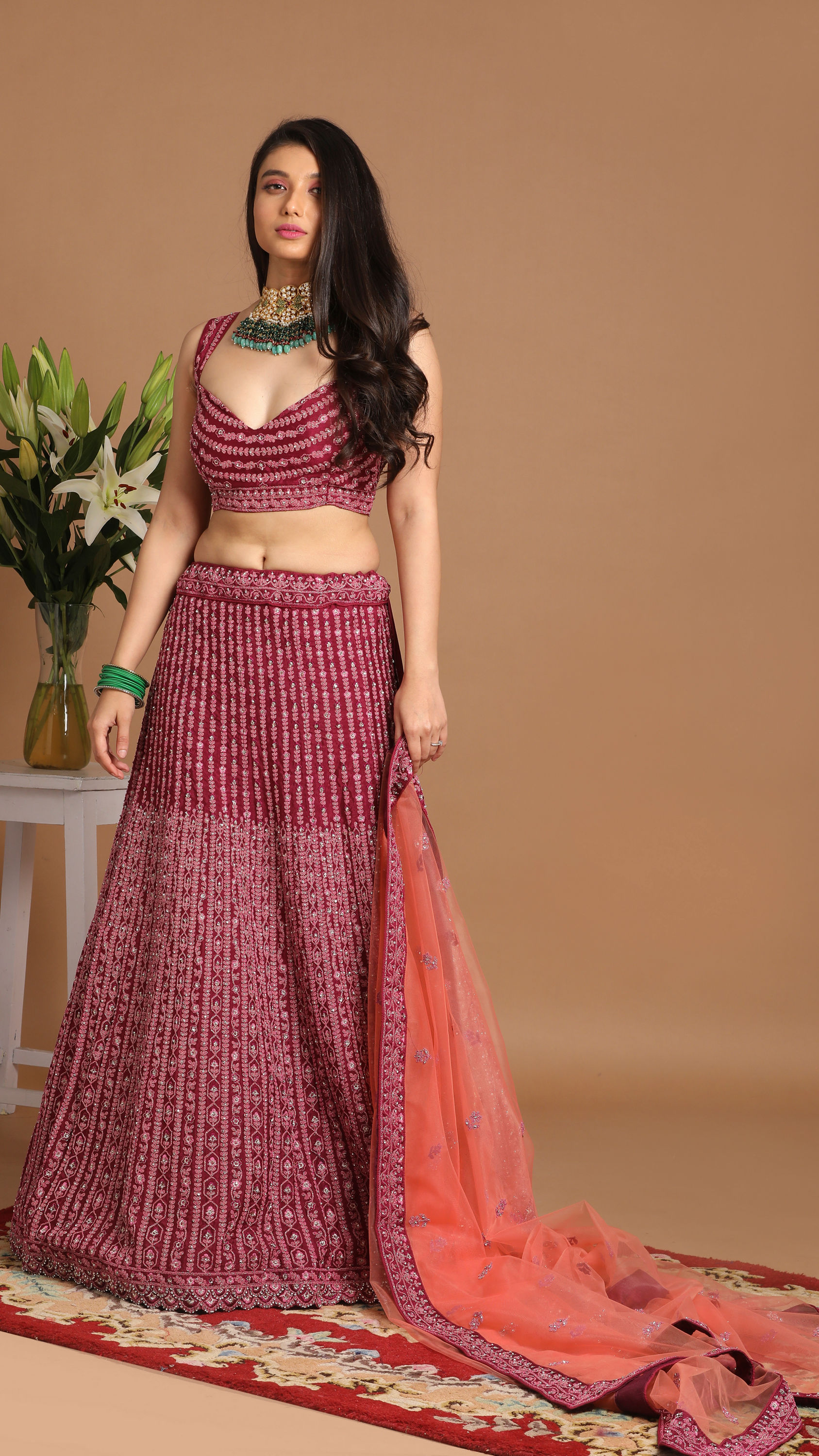 Mohey Women Chiffon Wine Red Lehenga