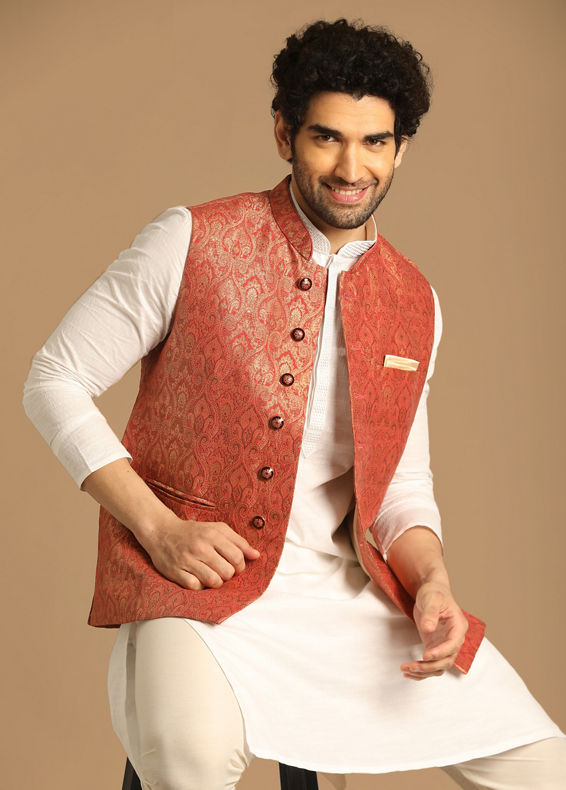 Manyavar Men Rust Self Design Jacket