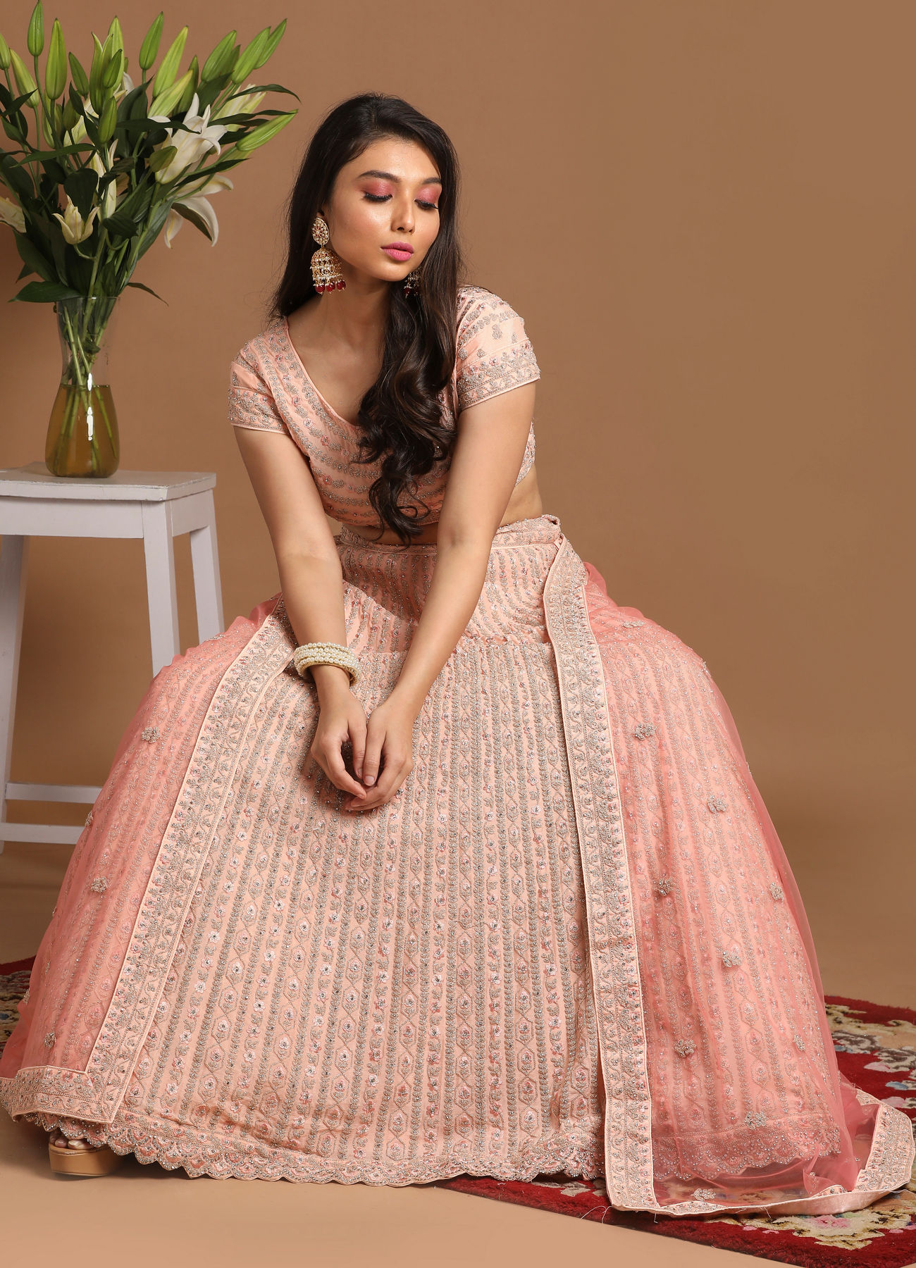 Mohey Women Chiffon Peach Lehenga