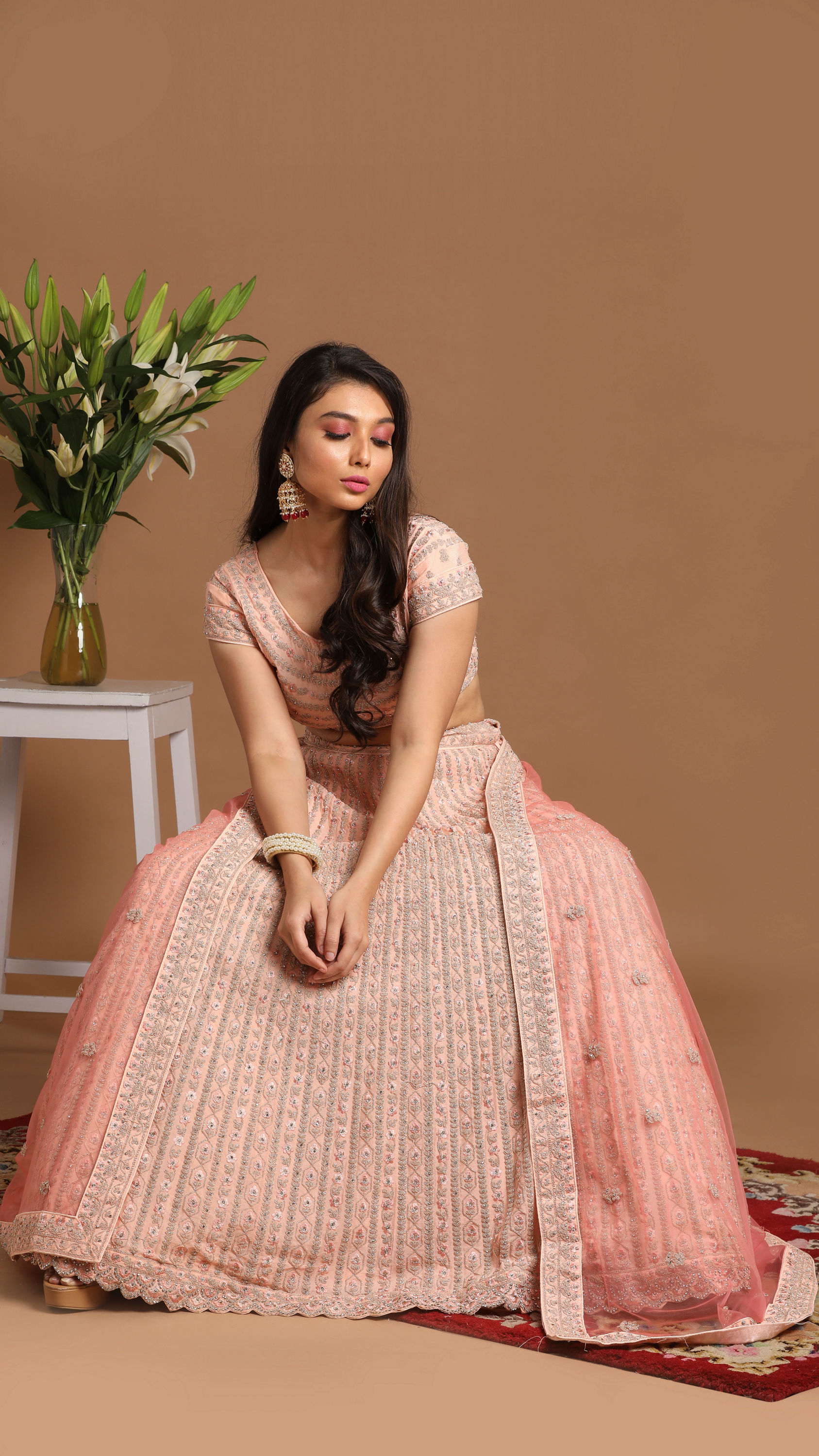 Mohey Women Chiffon Peach Lehenga