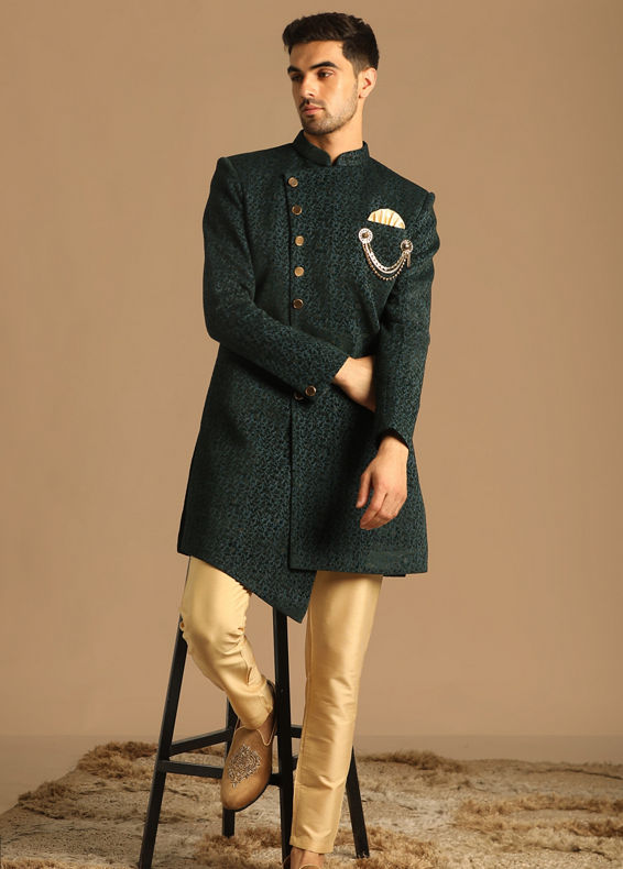 Manyavar Men Graceful Green Indo Western Set