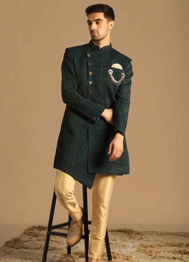 alt message - Manyavar Men Graceful Green Indo Western Set image number 1