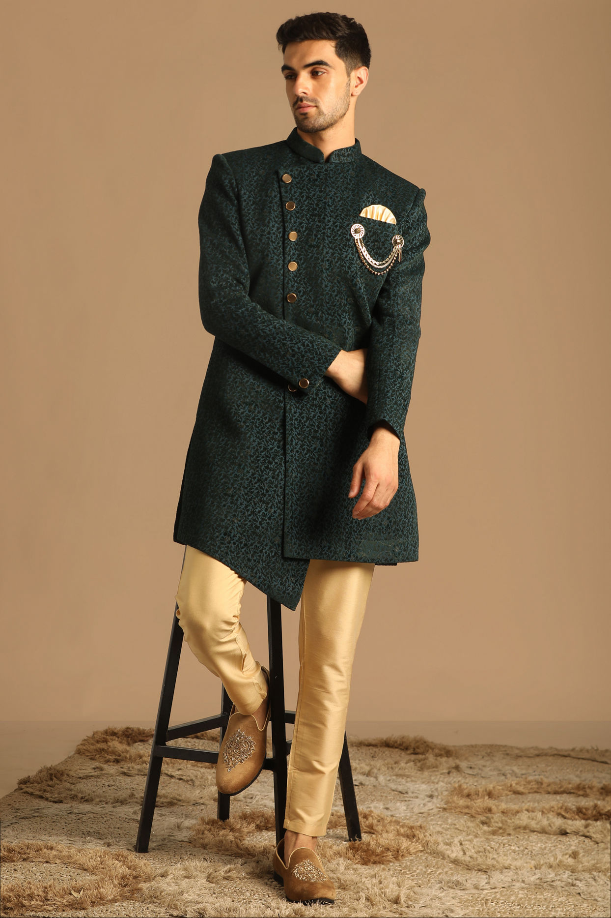 alt message - Manyavar Men Graceful Green Indo Western Set image number 1