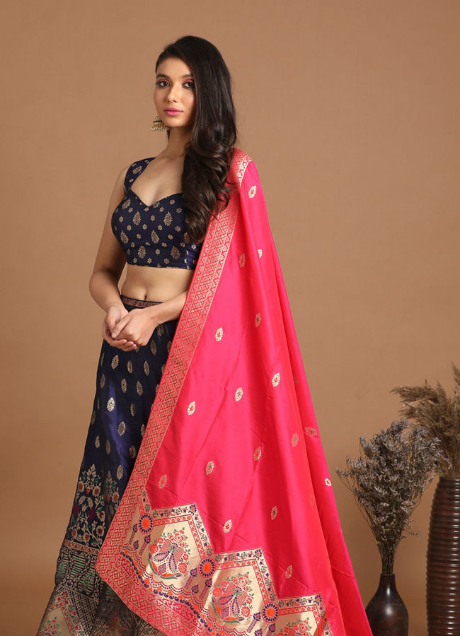 Mohey Women Vibrant Indigo Blue Benarasi Lehenga