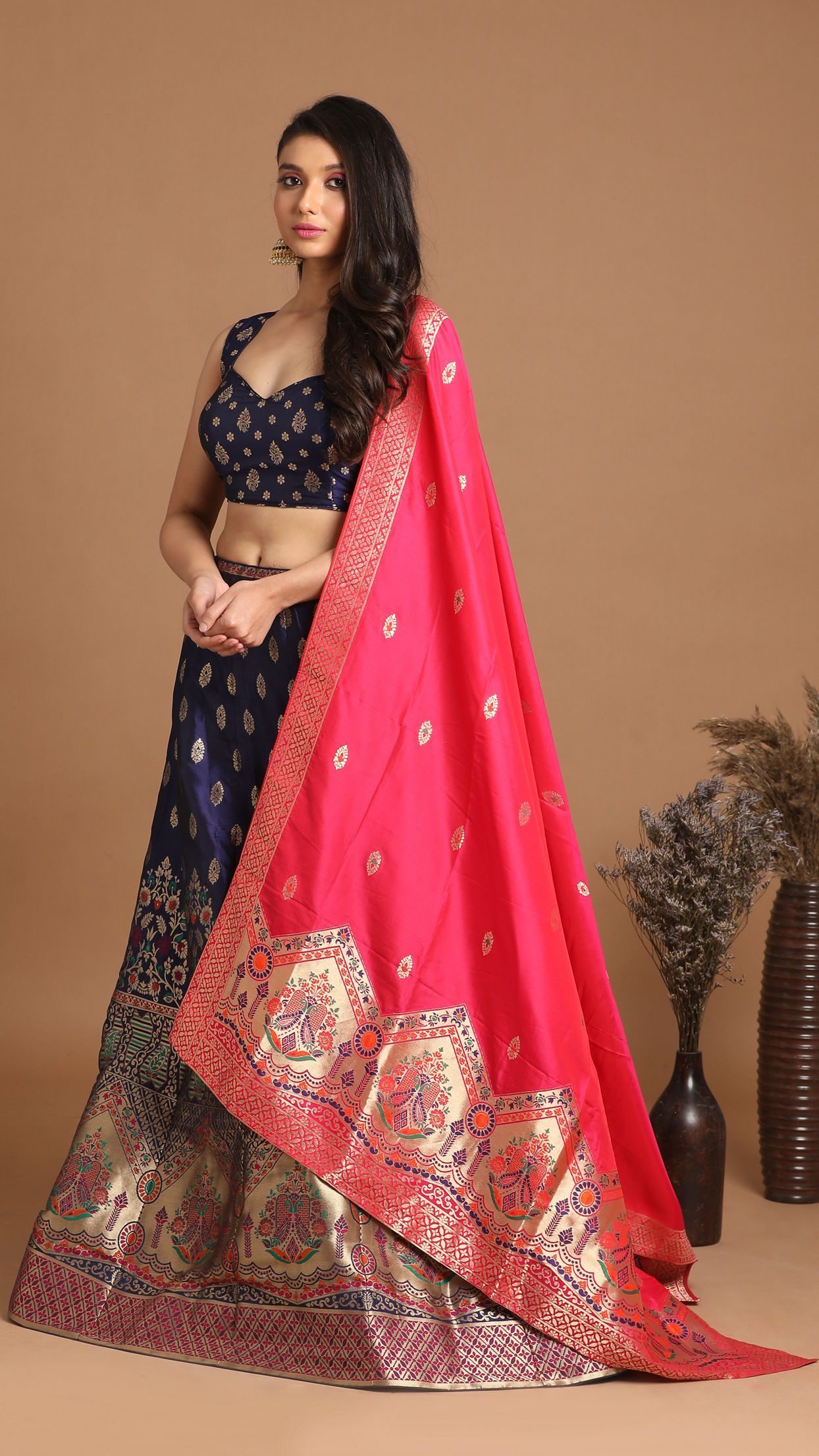 Mohey Women Vibrant Indigo Blue Benarasi Lehenga