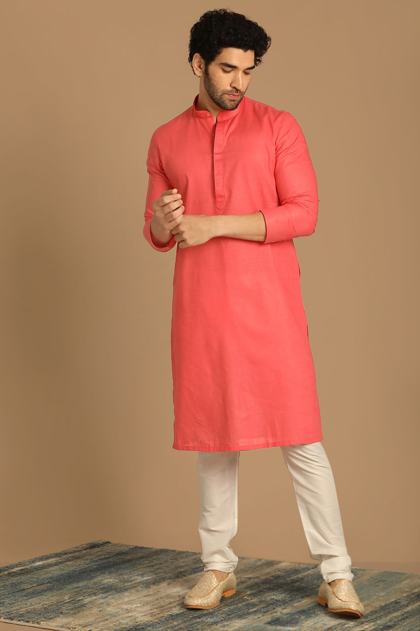 Manyavar Men Rani Pink Cotton Blend Kurta Pajama