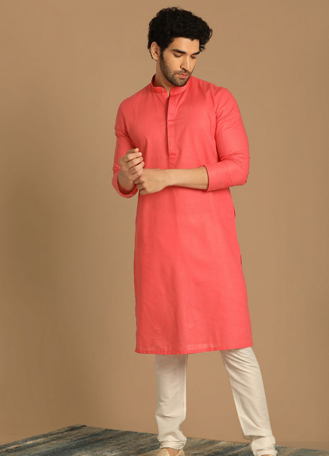 Manyavar Men Rani Pink Cotton Blend Kurta Pajama