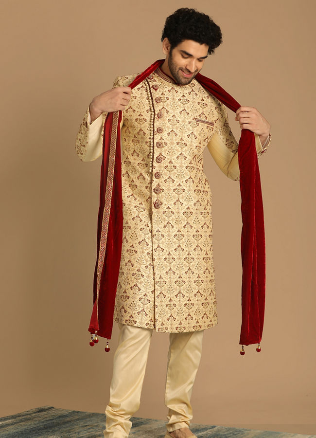 Manyavar Men Suave Biscuit Shade Sherwani
