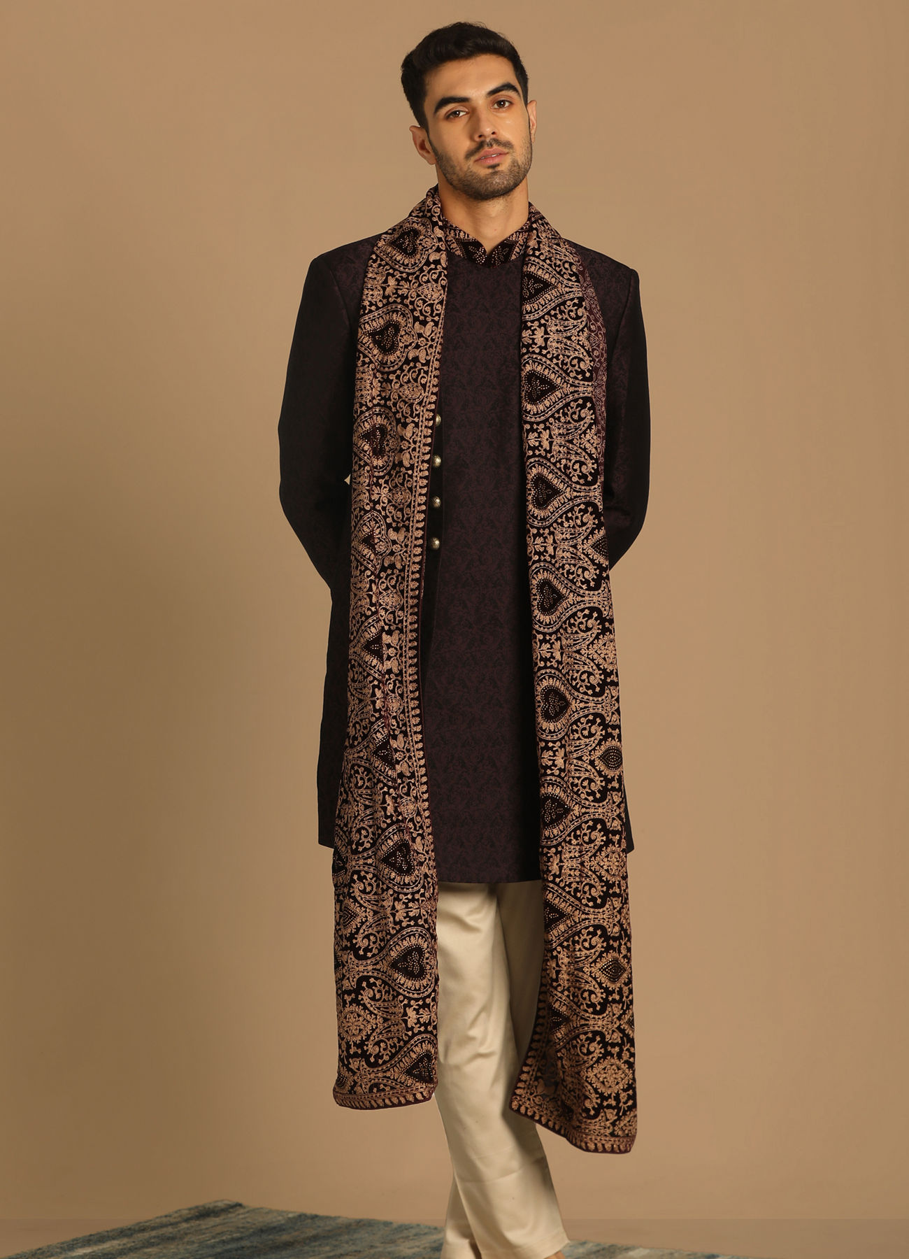 Manyavar Men Wine Indo Western Set With Dupatta