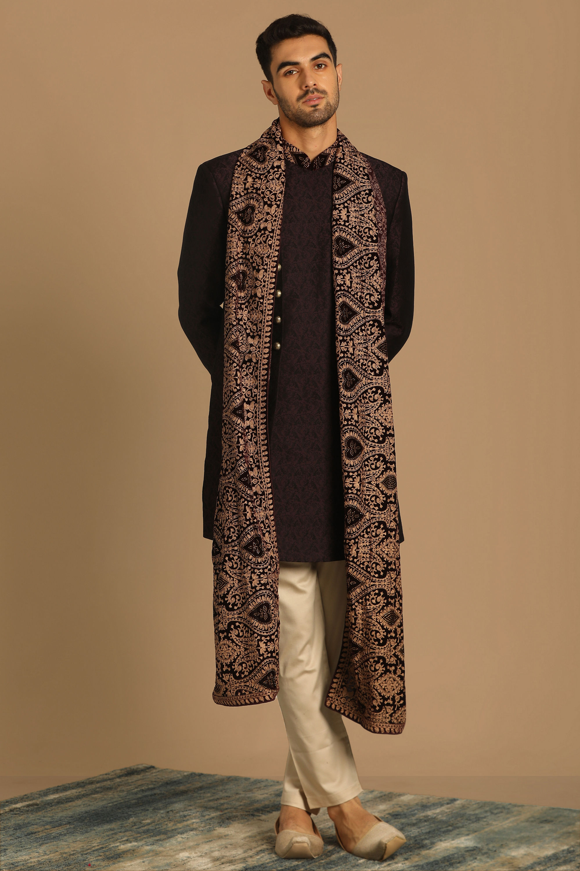 Manyavar Men Wine Indo Western Set With Dupatta