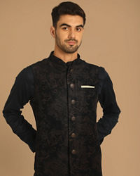 Manyavar Men Short Fit Blue Kurta Jacket Set