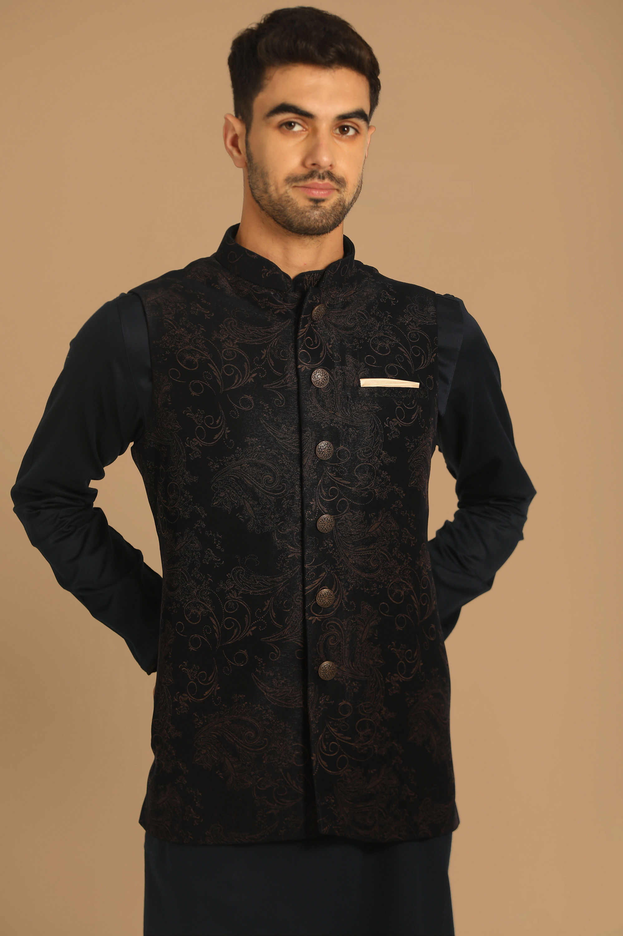 Manyavar Men Short Fit Blue Kurta Jacket Set