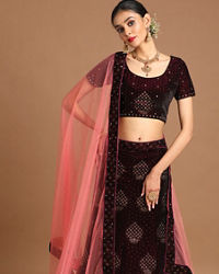 Mohey Women Luxurious Wine Red Velvet Lehenga