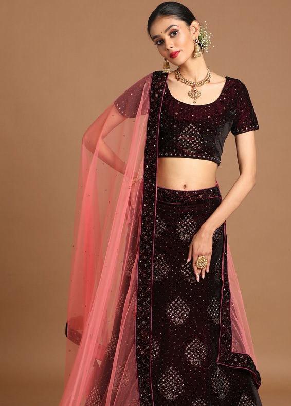 Mohey Women Luxurious Wine Red Velvet Lehenga