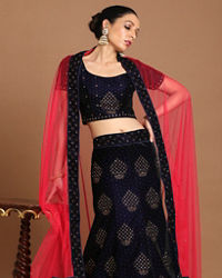 Mohey Women Luxurious Indigo Blue Velvet Lehenga