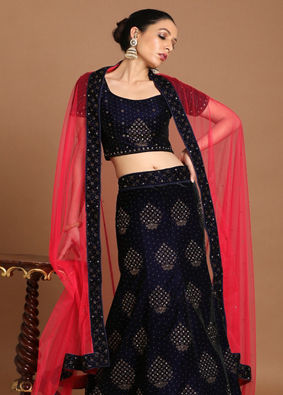 Mohey Women Luxurious Indigo Blue Velvet Lehenga