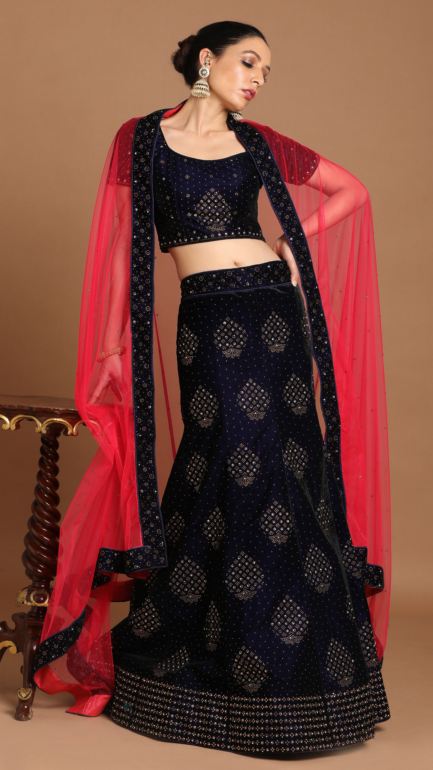 Mohey Women Luxurious Indigo Blue Velvet Lehenga