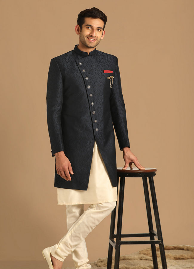 alt message - Manyavar Men Sophisticated Blue Indo Western image number 1