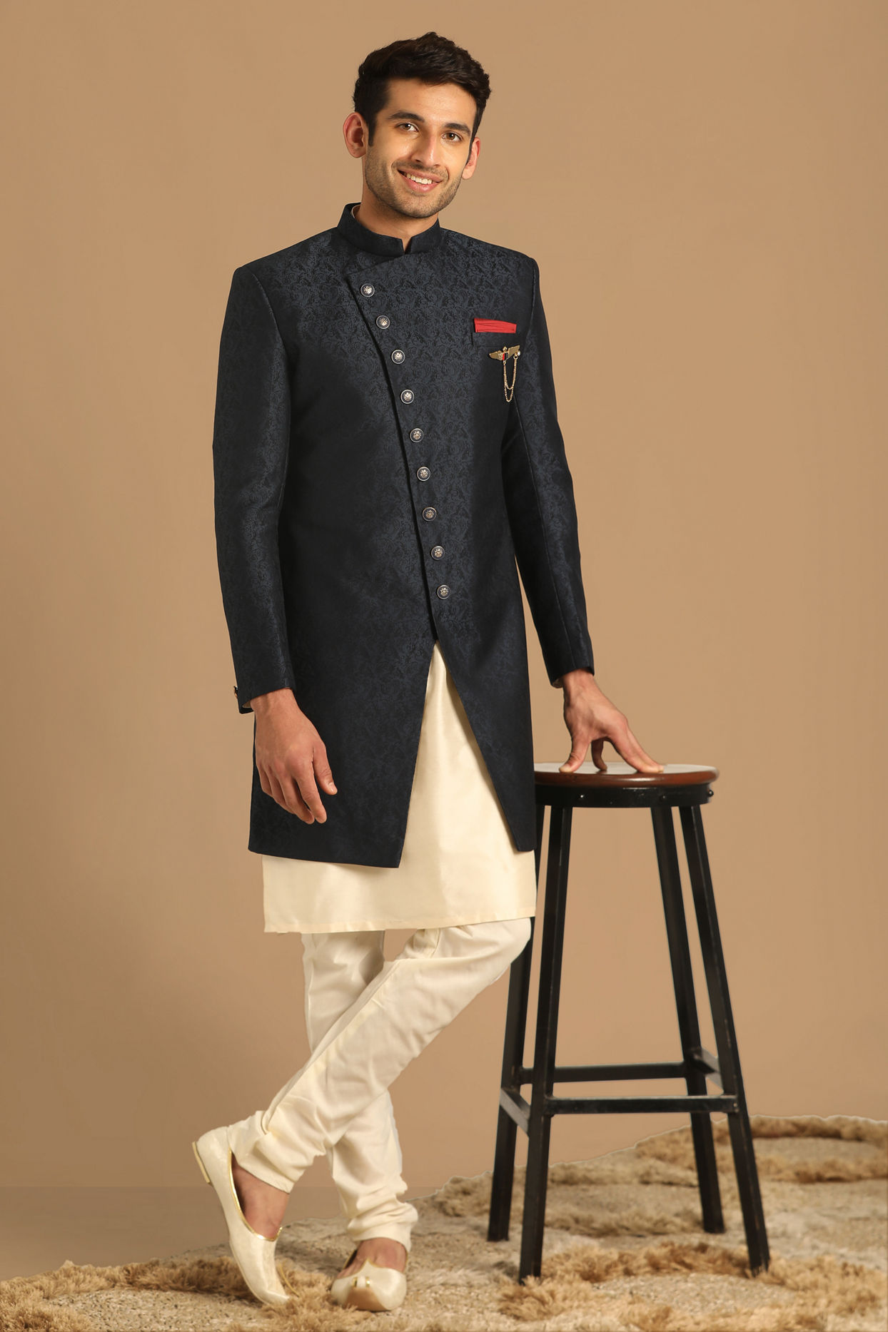 alt message - Manyavar Men Sophisticated Blue Indo Western image number 1