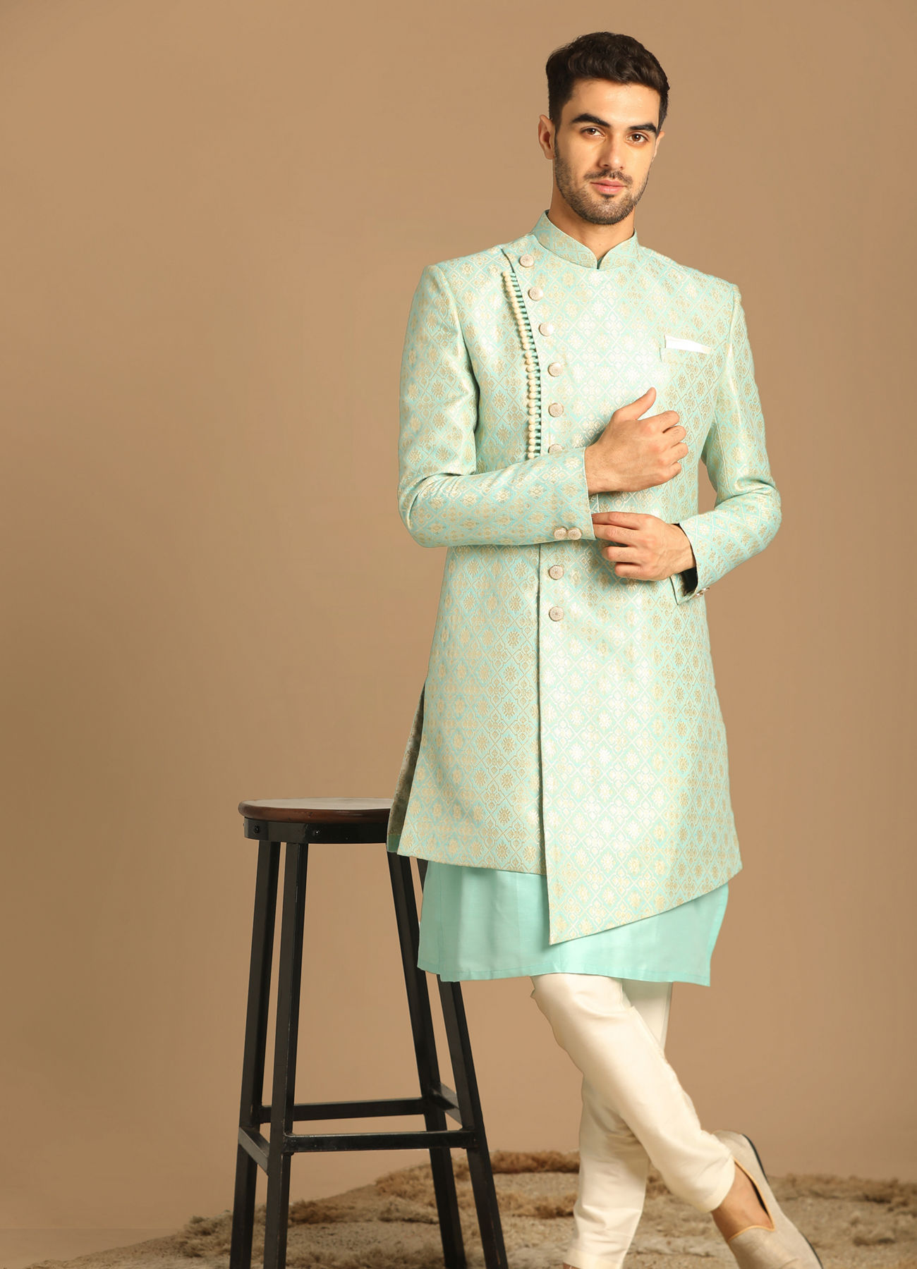 Manyavar Men Pristine Blue Indo Western