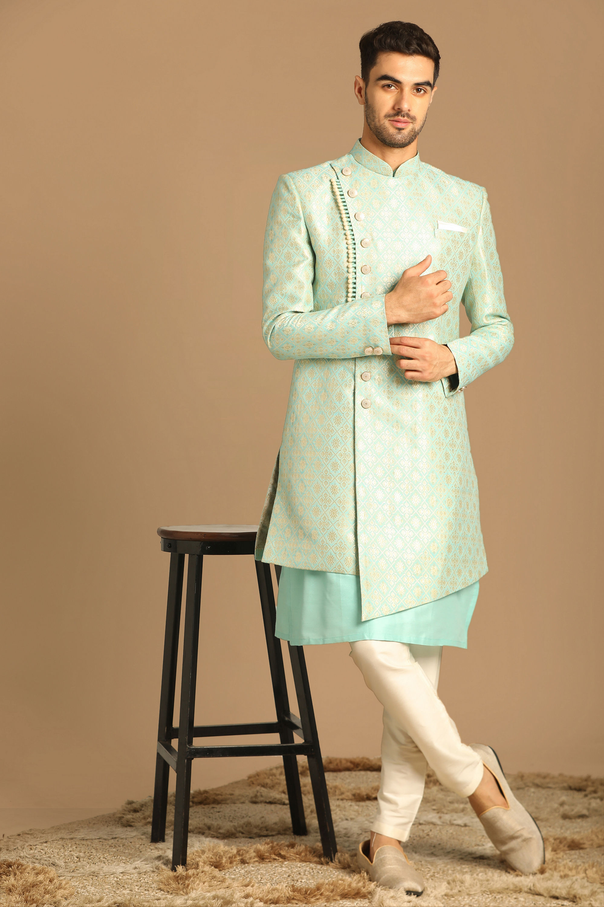 Manyavar Men Pristine Blue Indo Western