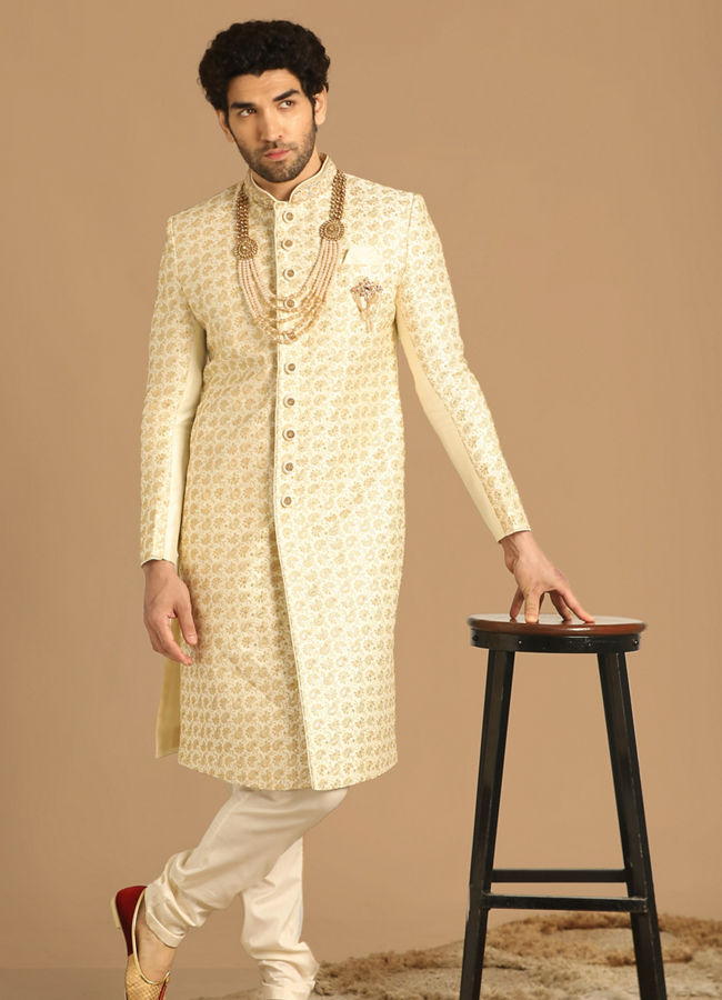 alt message - Manyavar Men Sea Shell White Sherwani image number 1