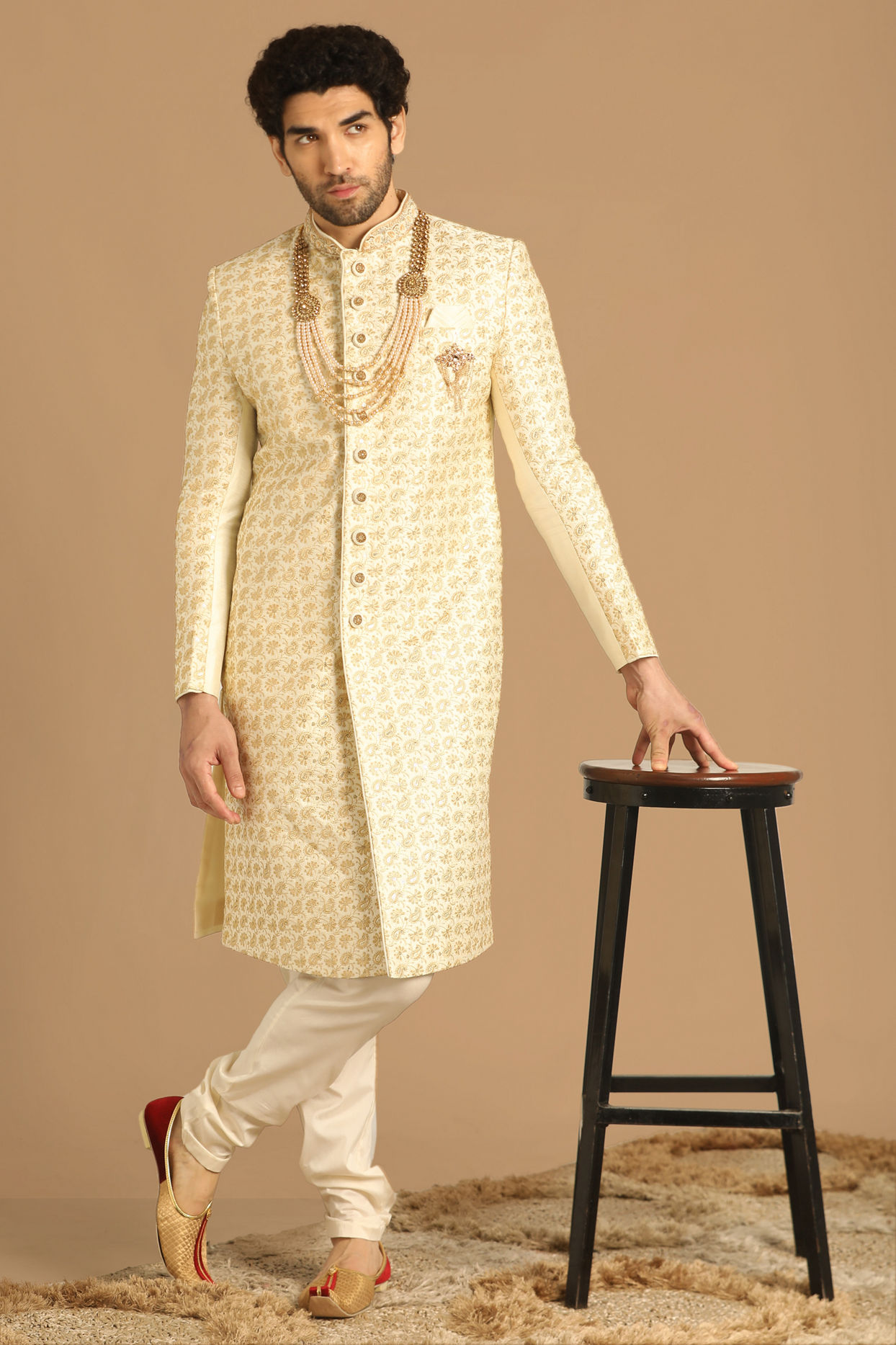 alt message - Manyavar Men Sea Shell White Sherwani image number 1