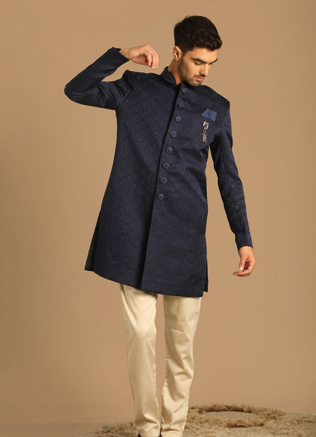 alt message - Manyavar Men Iconic Blue Indo Western image number 1