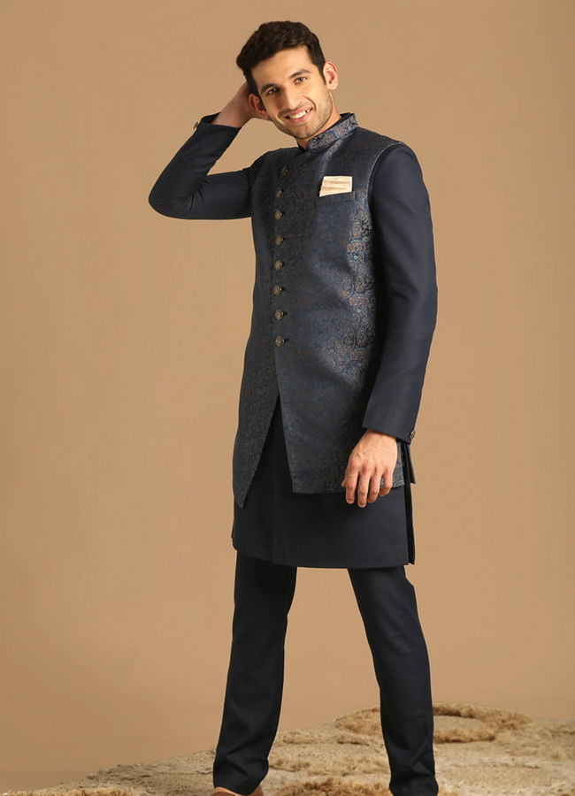 alt message - Manyavar Men Feroze Blue Indo Western Set image number 1