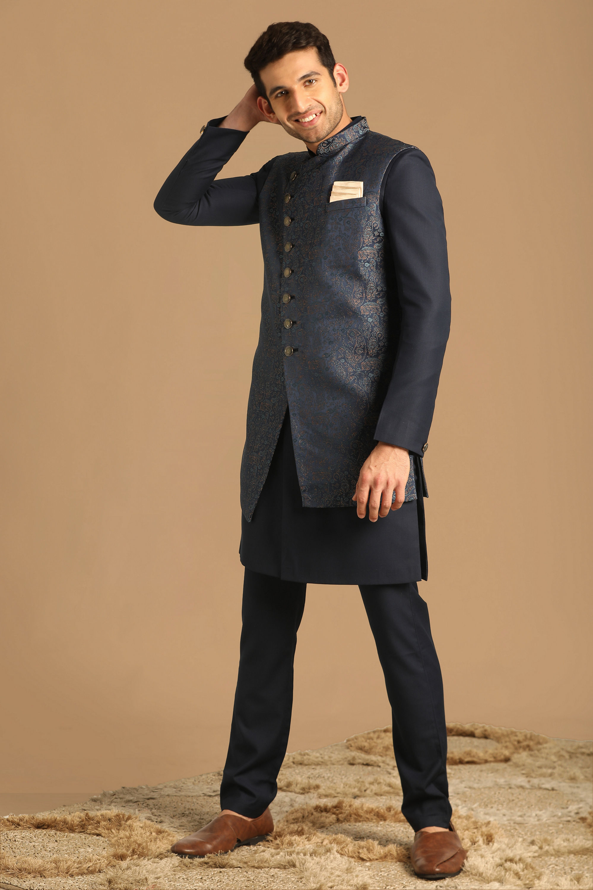 Manyavar Men Feroze Blue Indo Western Set