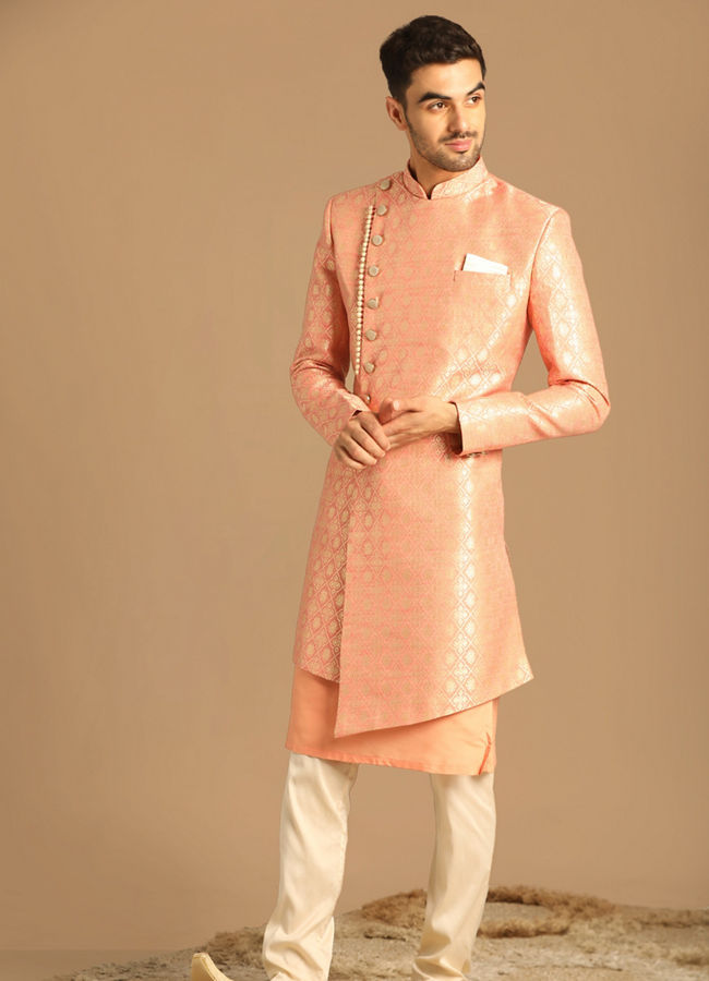 alt message - Manyavar Men Pristine Gajaree Indo Western image number 1