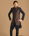 alt message - Manyavar Men Dark Blue Jacquard Layered Indo Western image number 1