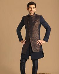 Manyavar Men Dark Blue Jacquard Layered Indo Western