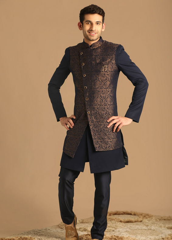 Manyavar Men Dark Blue Jacquard Layered Indo Western