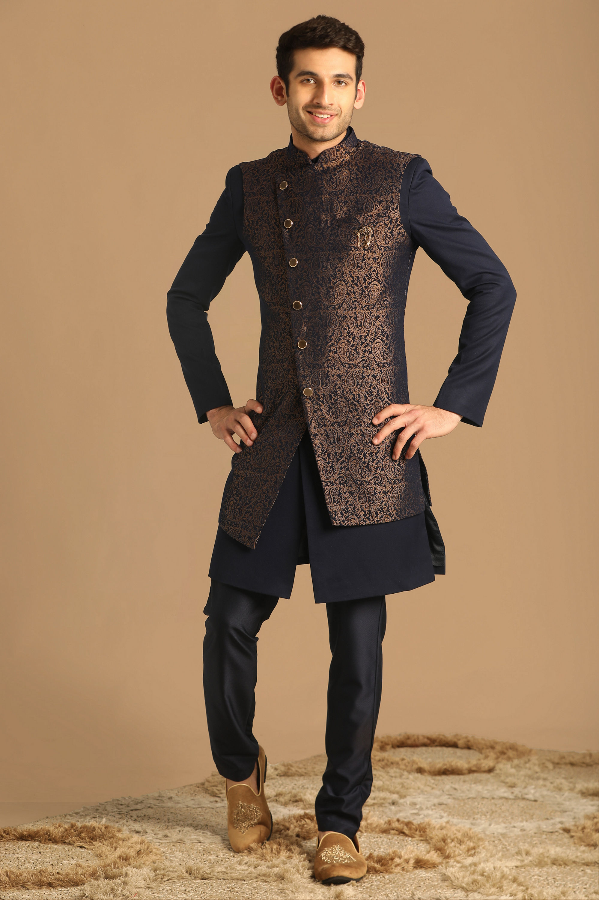 Manyavar Men Dark Blue Jacquard Layered Indo Western