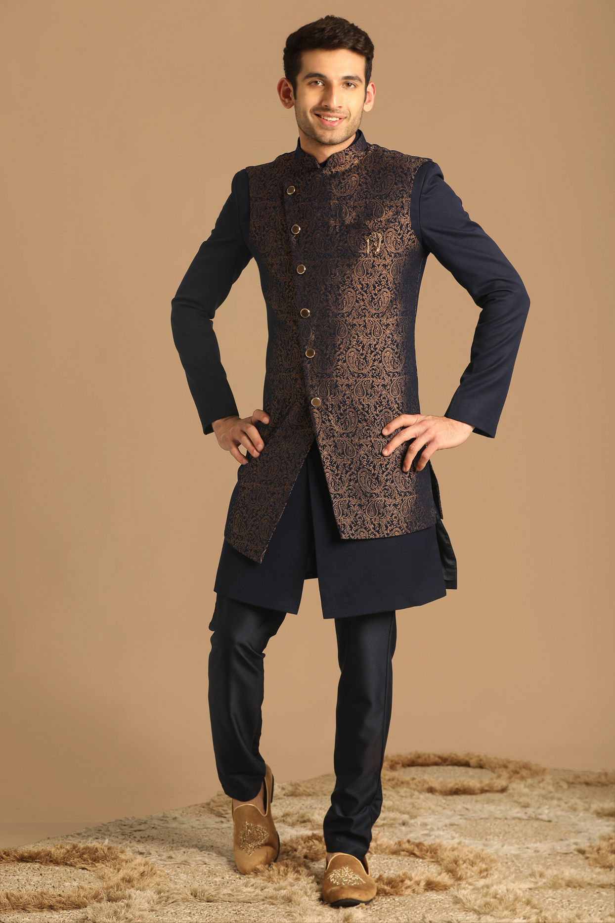 alt message - Manyavar Men Dark Blue Jacquard Layered Indo Western image number 1