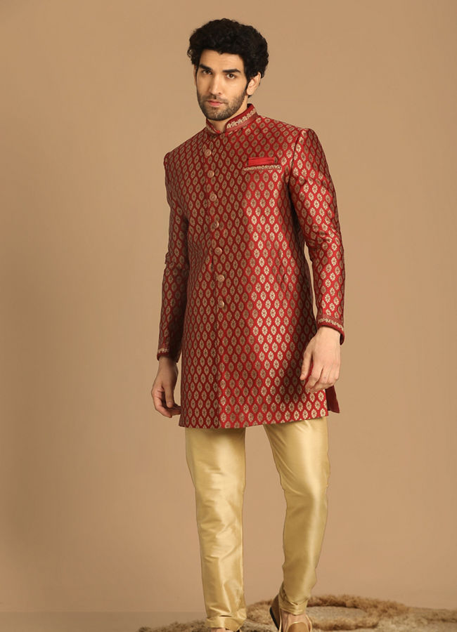 alt message - Manyavar Men Modish Maroon Indo Western image number 1