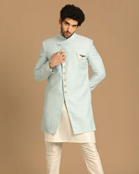 Manyavar Men Lavish Light Blue Indo Western Set